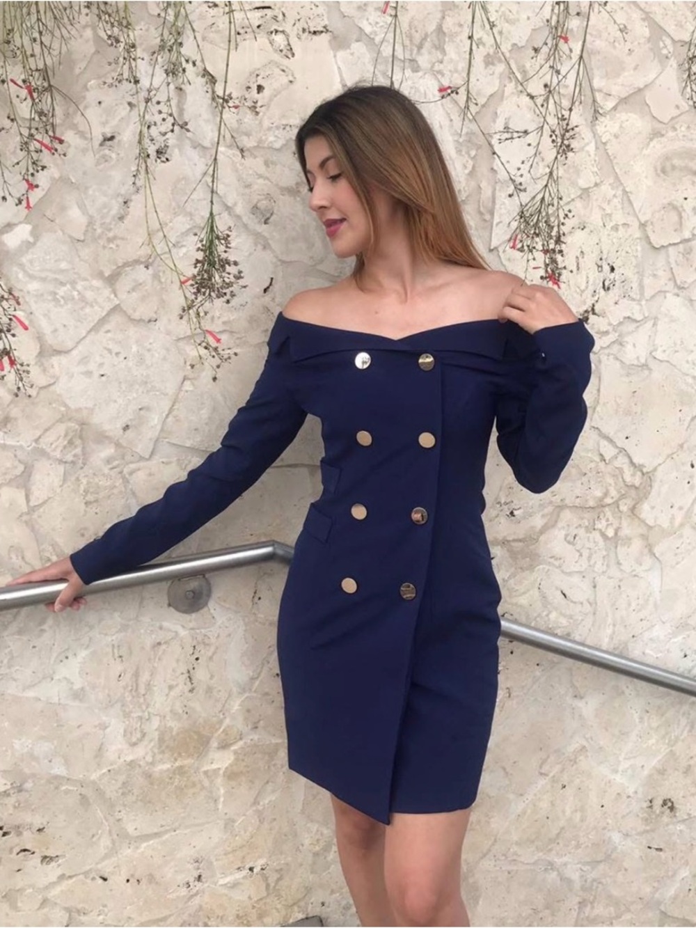 L'ATISTE Navy One-Shoulder Double-Breasted Mini Dress